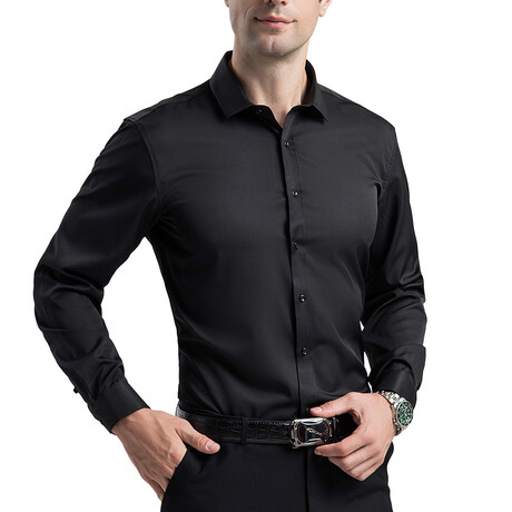 Strech Solid Long Sleeve Black Buttons Button-Up Shirt // Black (XS)