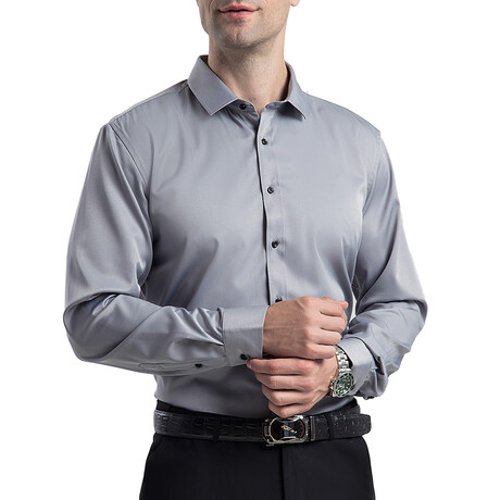 Strech Solid Long Sleeve Black Buttons Button-Up Shirt // Light Gray (XS)