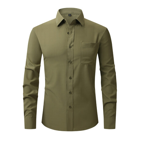 Solid Front Pocket Long Sleeve Button-Up Shirt // Dark Green (XS)