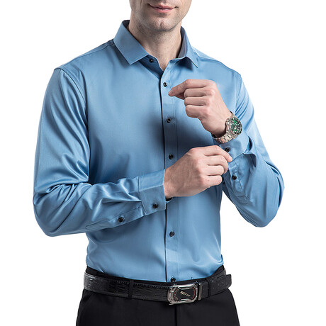 Strech Solid Long Sleeve Black Buttons Button-Up Shirt // Blue (XS)