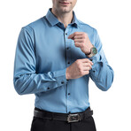 Strech Solid Long Sleeve Black Buttons Button-Up Shirt // Blue (S)