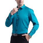 Strech Solid Long Sleeve Black Buttons Button-Up Shirt // Bright Blue (XS)