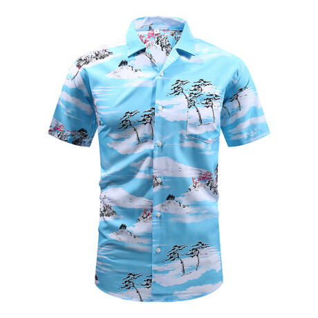 Island Print Short Sleeve Button-Up Shirt // Light Blue (XS)
