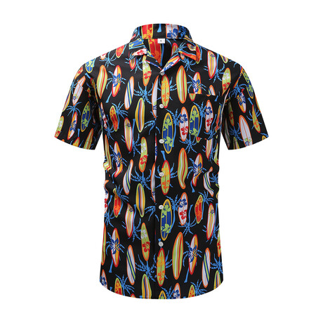 Surf Print Short Sleeve Button-Up Shirt // Black + Orange (XS)