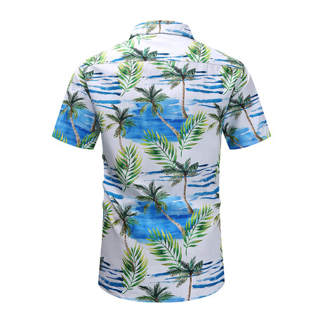 Palm Print Short Sleeve Button-Up Shirt // White + Blue (XS)