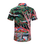 Palm Print Short Sleeve Button-Up Shirt // Black + Pink + Green (L)