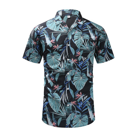 Leaf Print Short Sleeve Button-Up Shirt // Black (XS)