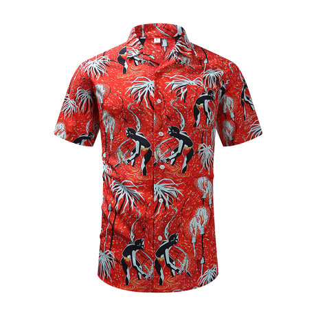 Fisherman Print Short Sleeve Button-Up Shirt // Red (XS)