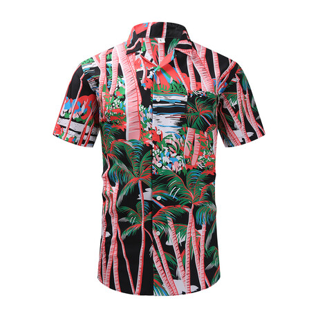 Palm Print Short Sleeve Button-Up Shirt // Black + Pink + Green (XS)