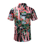 Palm Print Short Sleeve Button-Up Shirt // Black + Pink + Green (L)
