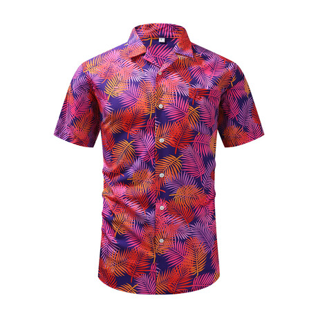 Leaf Print Short Sleeve Button-Up Shirt // Purple (XS)