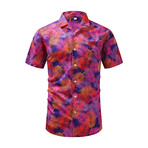 Leaf Print Short Sleeve Button-Up Shirt // Purple (M)