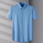 Solid Short Sleeve Button-Up Shirt // Blue (4XL)