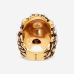 Gold-Tone Brass Green Crystal + Pearl Lion Head Ring // Ring Size: 5.25 // Store Display