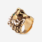 Gold-Tone Brass Green Crystal + Pearl Lion Head Ring // Ring Size: 5.25 // Store Display