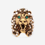 Gold-Tone Brass Green Crystal + Pearl Lion Head Ring // Ring Size: 5.25 // Store Display