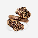 Aged Gold Red Crystal Eyes Double Tiger Head Ring // Ring Size: 6.25 // Store Display