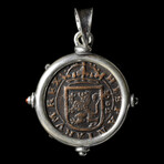 Spanish Copper "Pirate" Coin Dated 1602 // Silver Pendant With Garnets