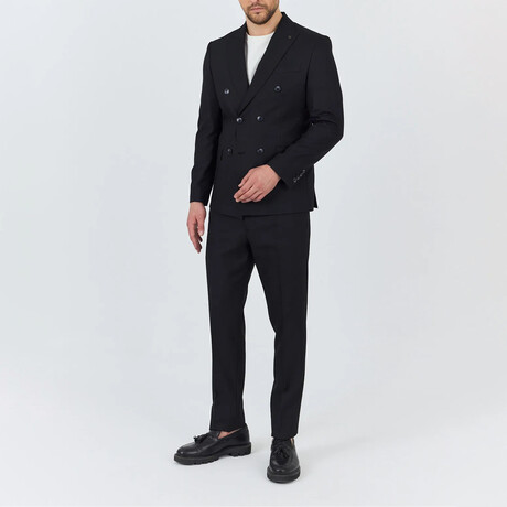 2-Piece Sharkskin Slim Fit Double Breasted Pointed Collar Suit // Black (Euro: 46)
