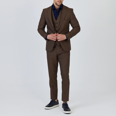 3-Piece Striped Slim Fit Notch Collar Two Button Suit // Brown (Euro: 46)