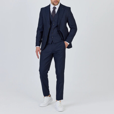 3-Piece Striped Slim Fit Notch Collar Two Button Suit // Navy Blue (Euro: 46)