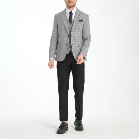 3-Piece Nailshead Slim Fit Mono Collar Two Button Suit // Black + White (Euro: 46)