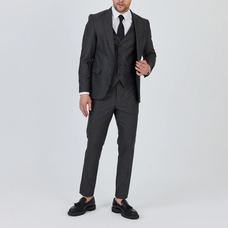 3-Piece Striped Slim Fit Notch Collar Two Button Suit // Dark Gray (Euro: 46)