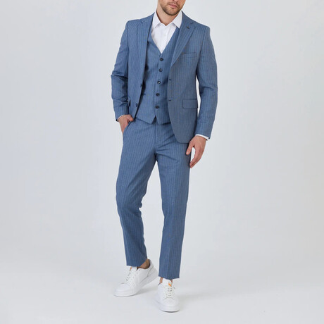 3-Piece Striped Slim Fit Notch Collar Two Button Suit // Light Blue (Euro: 46)