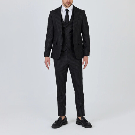 3-Piece Striped Slim Fit Notch Collar Two Button Suit // Black (Euro: 46)