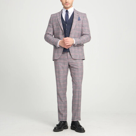 3-Piece Plaid Slim Fit Notch Collar Two Button Suit // Gray + Burgundy (Euro: 46)