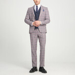 3-Piece Plaid Slim Fit Notch Collar Two Button Suit // Gray + Burgundy (Euro: 50)