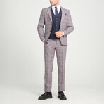 3-Piece Plaid Slim Fit Notch Collar Two Button Suit // Gray + Burgundy (Euro: 50)
