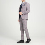 3-Piece Plaid Slim Fit Notch Collar Two Button Suit // Gray + Burgundy (Euro: 50)
