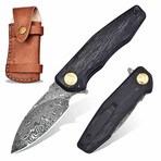 6.5" Black Wood Handle // Ball Bearing Fast Opening // Damascus Pocket Knife