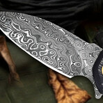 6.5" Black Wood Handle // Ball Bearing Fast Opening // Damascus Pocket Knife