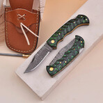 6.5" Handmade Grooved Green Wood Handle // Damascus Pocket Knife