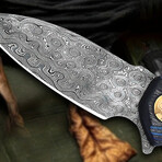 6.5" Blue Wood Handle // Ball Bearing Fast Opening // Damascus Pocket Knife