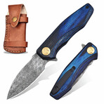 6.5" Blue Wood Handle // Ball Bearing Fast Opening // Damascus Pocket Knife