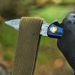 6.5" Blue Wood Handle // Ball Bearing Fast Opening // Damascus Pocket Knife
