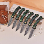 6.5" Handmade Grooved Green Wood Handle // Damascus Pocket Knife