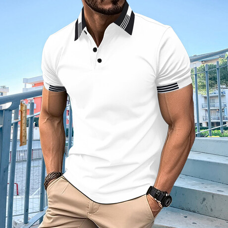Blocked Striped Collar Short Sleeve Polo // White (XS)