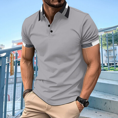 Blocked Striped Collar Short Sleeve Polo // Gray (XS)