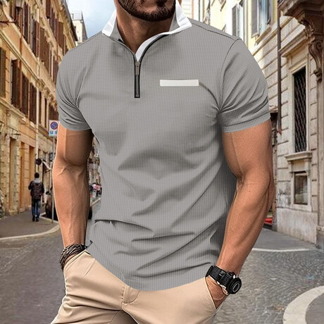 Waffled Zip Up Short Sleeve Polo // Gray (XS)