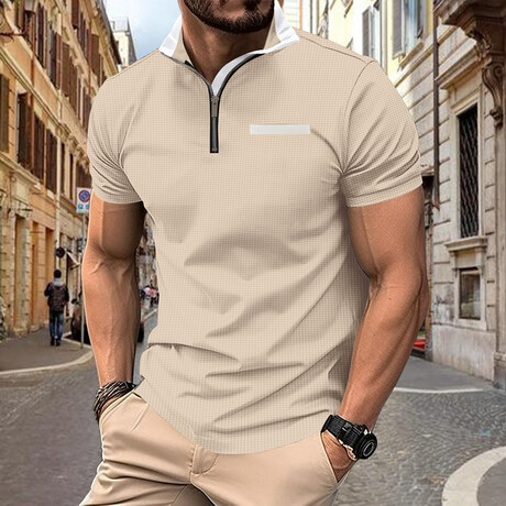 Waffled Zip Up Short Sleeve Polo // Khaki (XS)