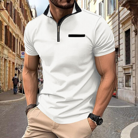 Waffled Zip Up Short Sleeve Polo // White (XS)