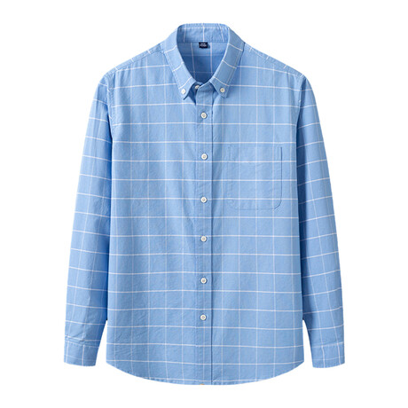Windowpane Front Pocket Detail Long Sleeve Button-Up // Light Blue (XS)