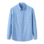 Windowpane Front Pocket Detail Long Sleeve Button-Up // Light Blue (S)