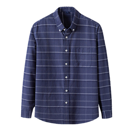 Windowpane Front Pocket Detail Long Sleeve Button-Up // Navy Blue (XS)