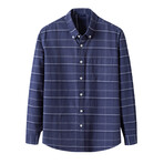 Windowpane Front Pocket Detail Long Sleeve Button-Up // Navy Blue (S)