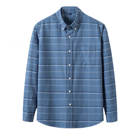 Windowpane Front Pocket Detail Long Sleeve Button-Up // Blue (XS)